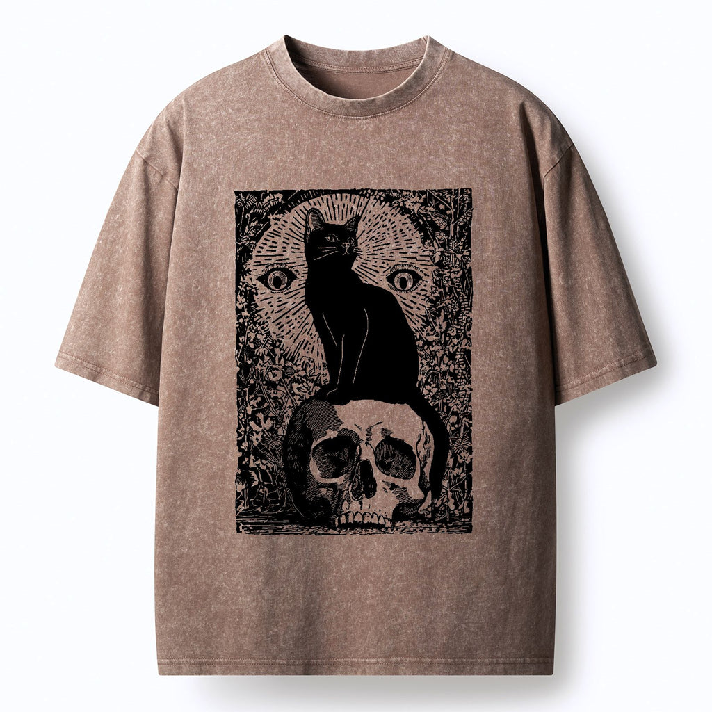 Washed Unisex Cat Skull T-Shirt for Streetwear