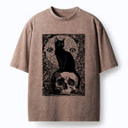 Washed Unisex Cat Skull T-Shirt for Streetwear