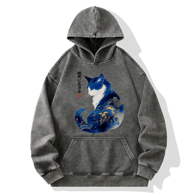 Kyoto-Lion Retro Zen Cat: Living the Present Washed Hoodie