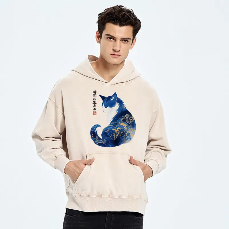 Japanese Washed Hoodie with Cat Print