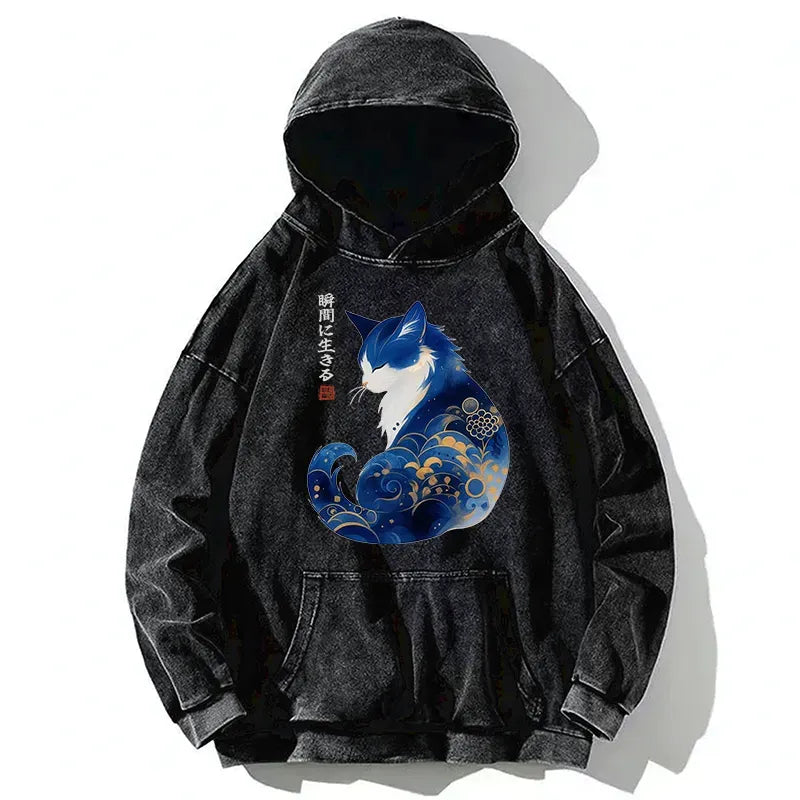 Kyoto-Lion Retro Zen Cat: Living the Present Washed Hoodie