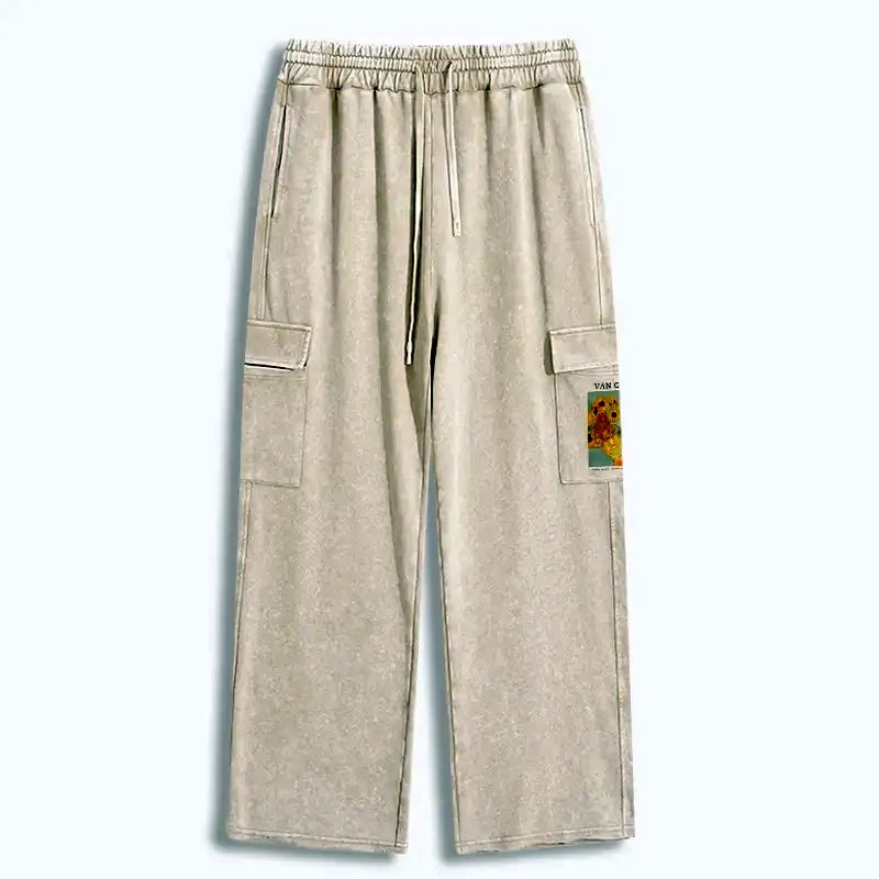 Kyoto-Lion Black Cat With Sunflowers Washed Utility Sweatpants