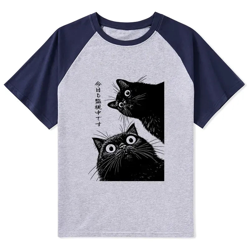 Japanese cat raglan shirt for daily wear