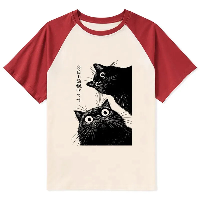 Ukiyo-e cat raglan tee for streetwear