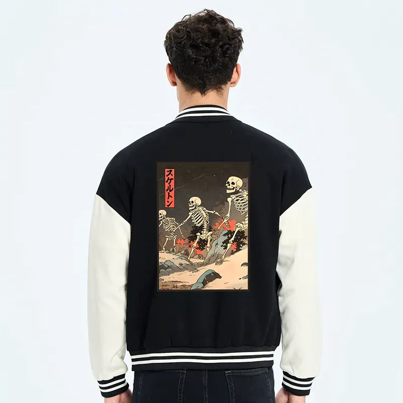 japanese rising skeletons embroidered varsity jacket