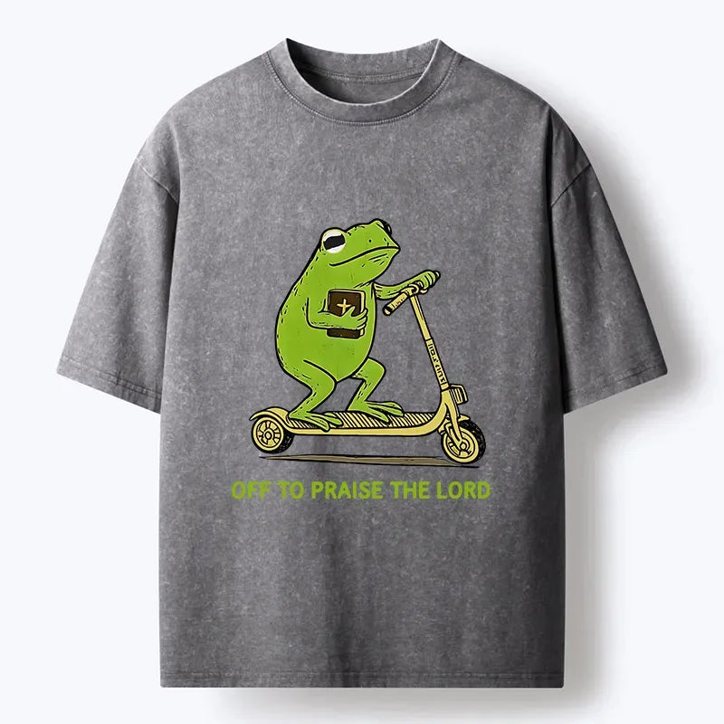Kyoto-Lion Frog Went To Praise God Washed T-Shirt