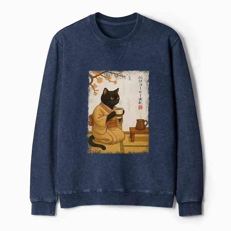 Kyoto-Lion Cat Heart Full Of Coffee Washed Terry Sweatshirt