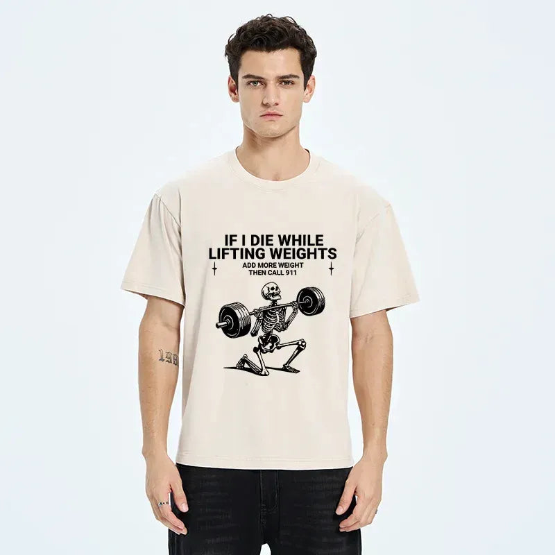 Kyoto-Lion Skeleton Weightlifting Funny Washed T-Shirt
