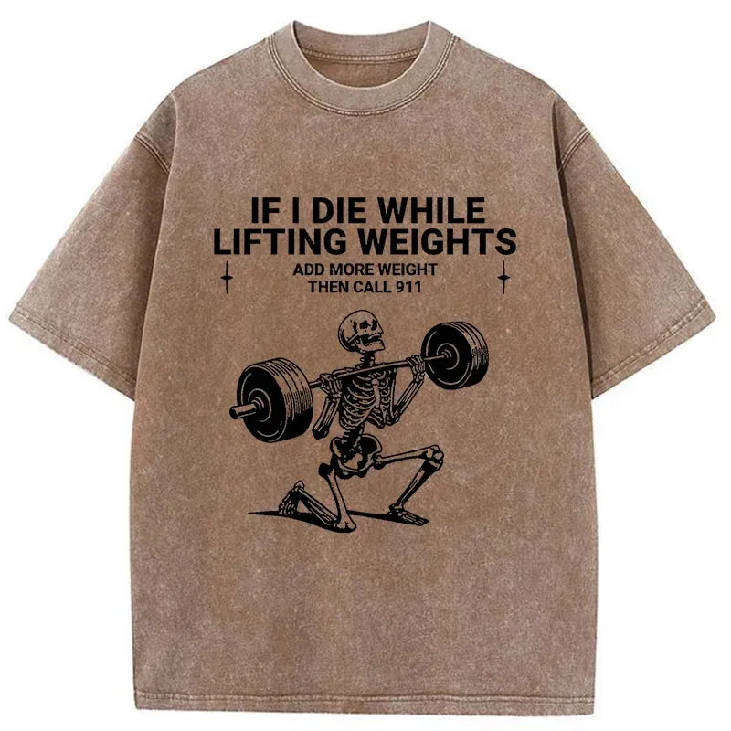 Kyoto-Lion Skeleton Weightlifting Funny Washed T-Shirt