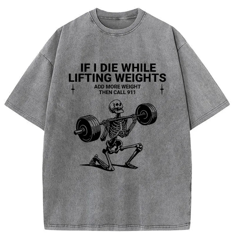 Kyoto-Lion Skeleton Weightlifting Funny Washed T-Shirt