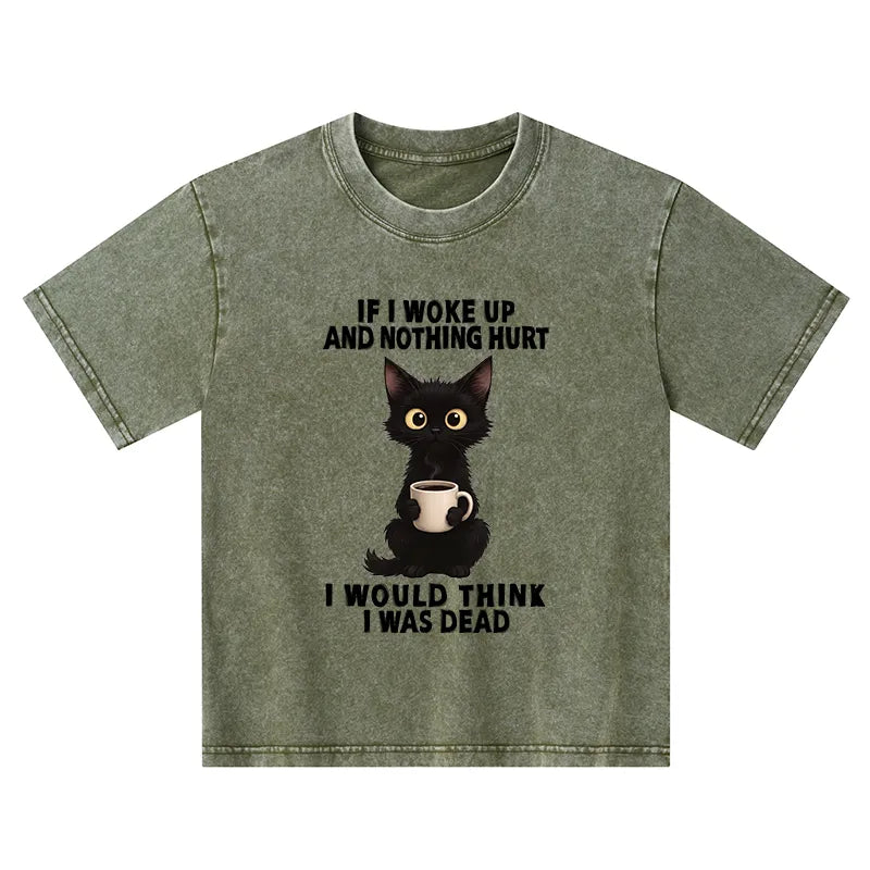 Kyoto-Lion Funny Cute Black Cat And Coffee Meme Kids Washed T-Shirt