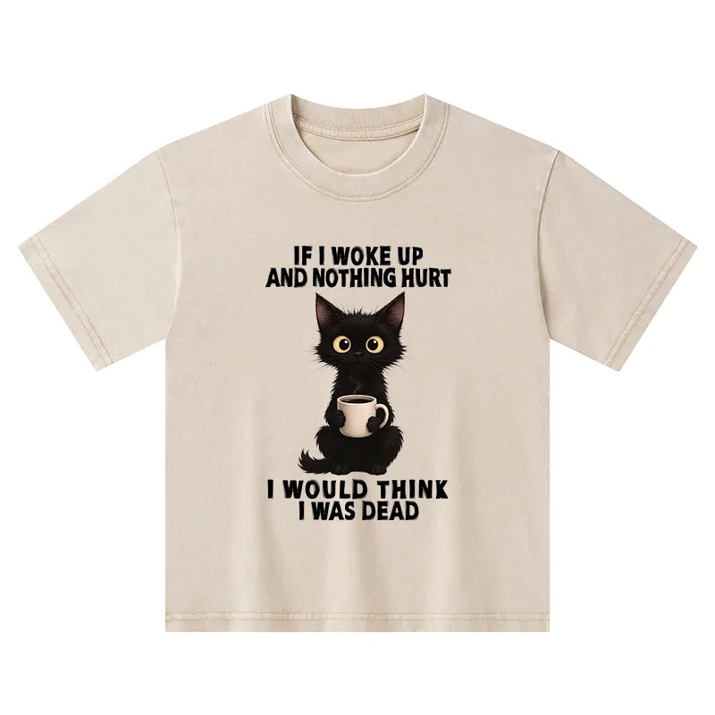 Kyoto-Lion Funny Cute Black Cat And Coffee Meme Kids Washed T-Shirt