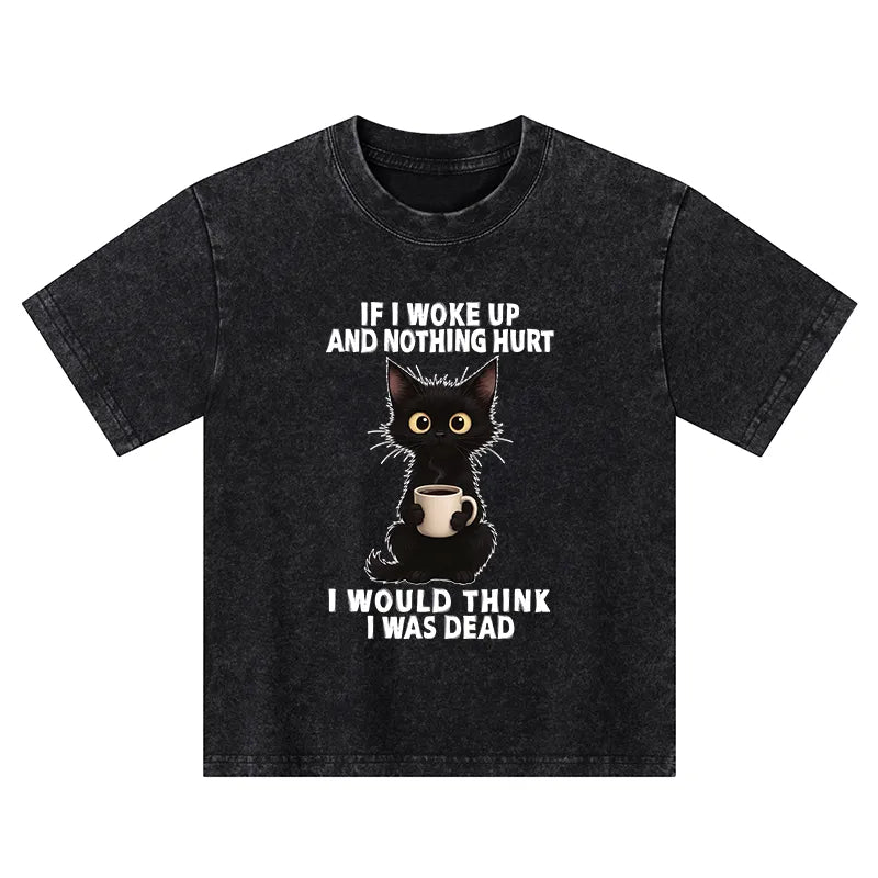 Kyoto-Lion Funny Cute Black Cat And Coffee Meme Kids Washed T-Shirt