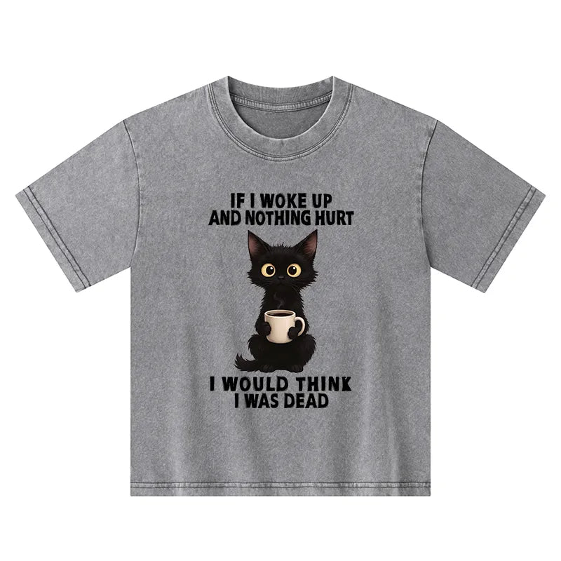 Kyoto-Lion Funny Cute Black Cat And Coffee Meme Kids Washed T-Shirt