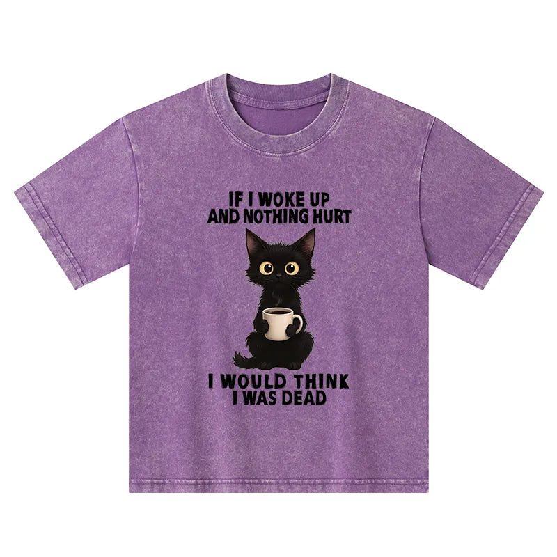 Kyoto-Lion Funny Cute Black Cat And Coffee Meme Kids Washed T-Shirt