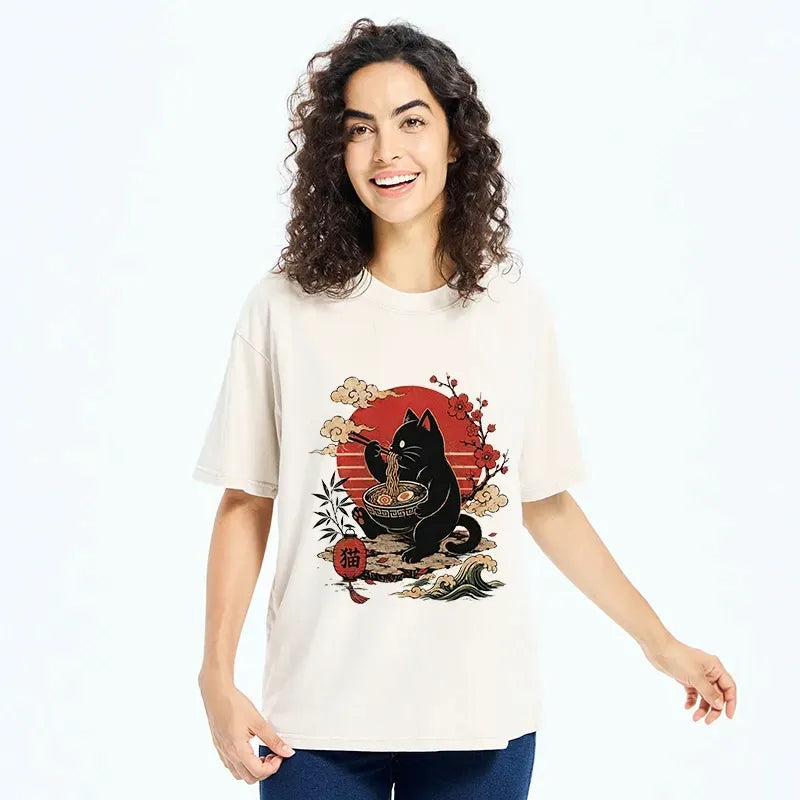 Kyoto-Lion Black Cat Eating Ramen Cherry Blossom Art Washed T-Shirt