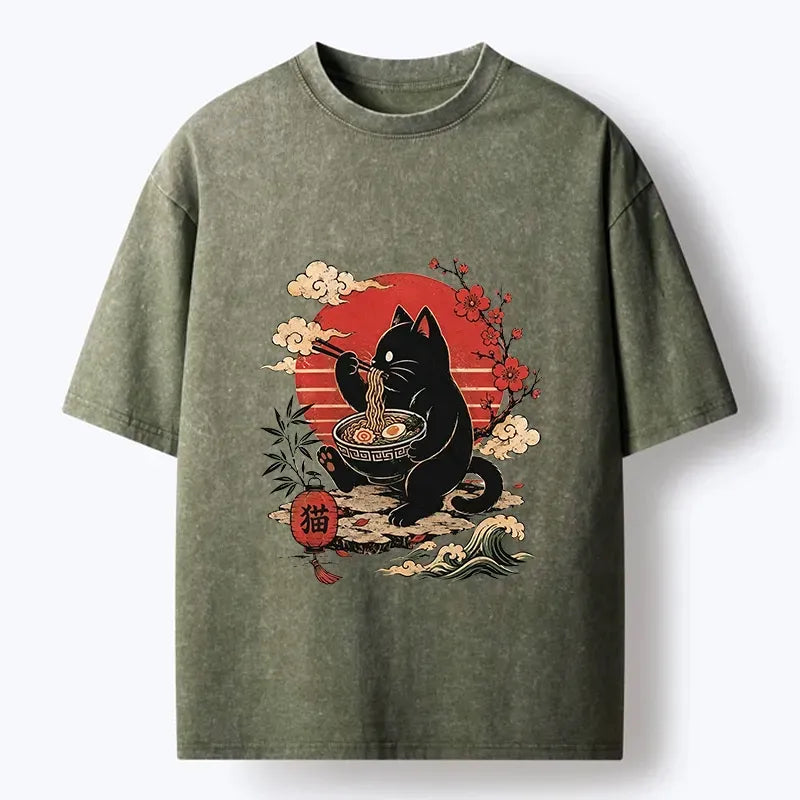 Kyoto-Lion Black Cat Eating Ramen Cherry Blossom Art Washed T-Shirt