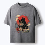 Kyoto-Lion Black Cat Eating Ramen Cherry Blossom Art Washed T-Shirt
