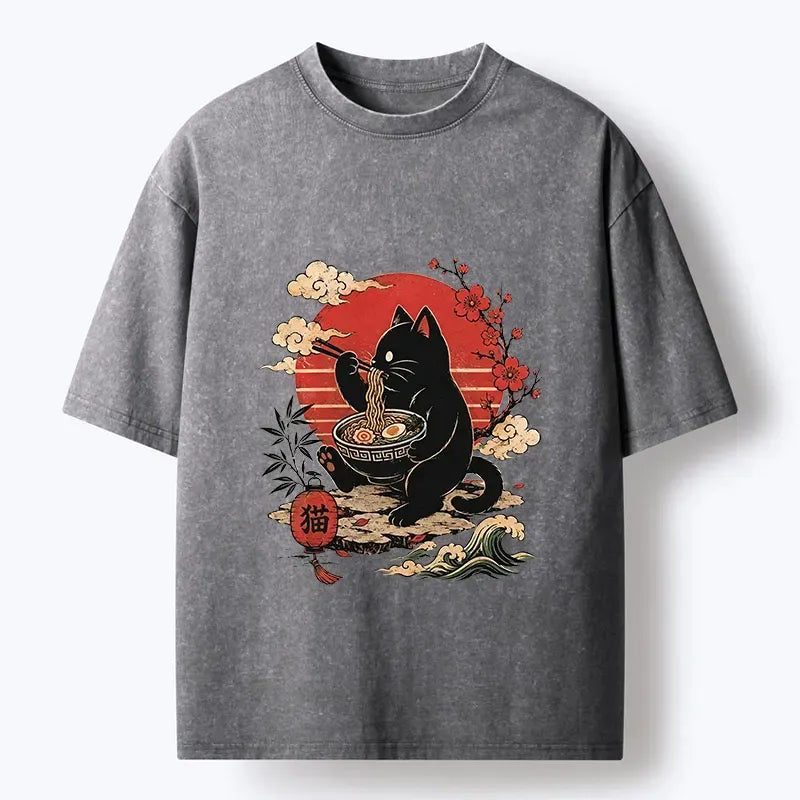 Kyoto-Lion Black Cat Eating Ramen Cherry Blossom Art Washed T-Shirt