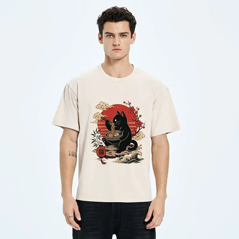 Kyoto-Lion Black Cat Eating Ramen Cherry Blossom Art Washed T-Shirt
