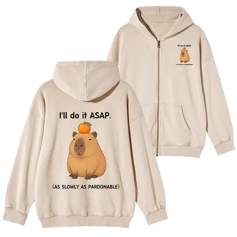 Kyoto-Lion Slow Task Capybara Meme Washed Zip Hoodie