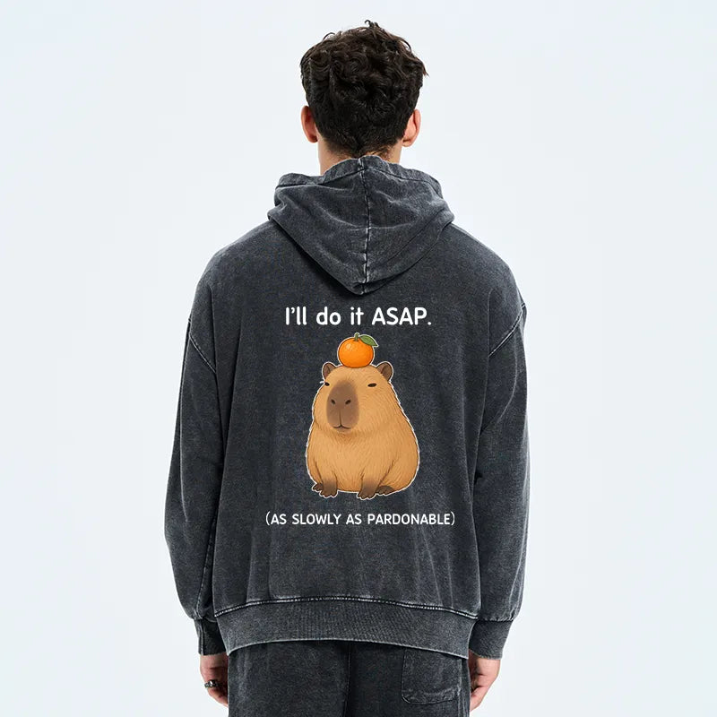 Kyoto-Lion Slow Task Capybara Meme Washed Zip Hoodie