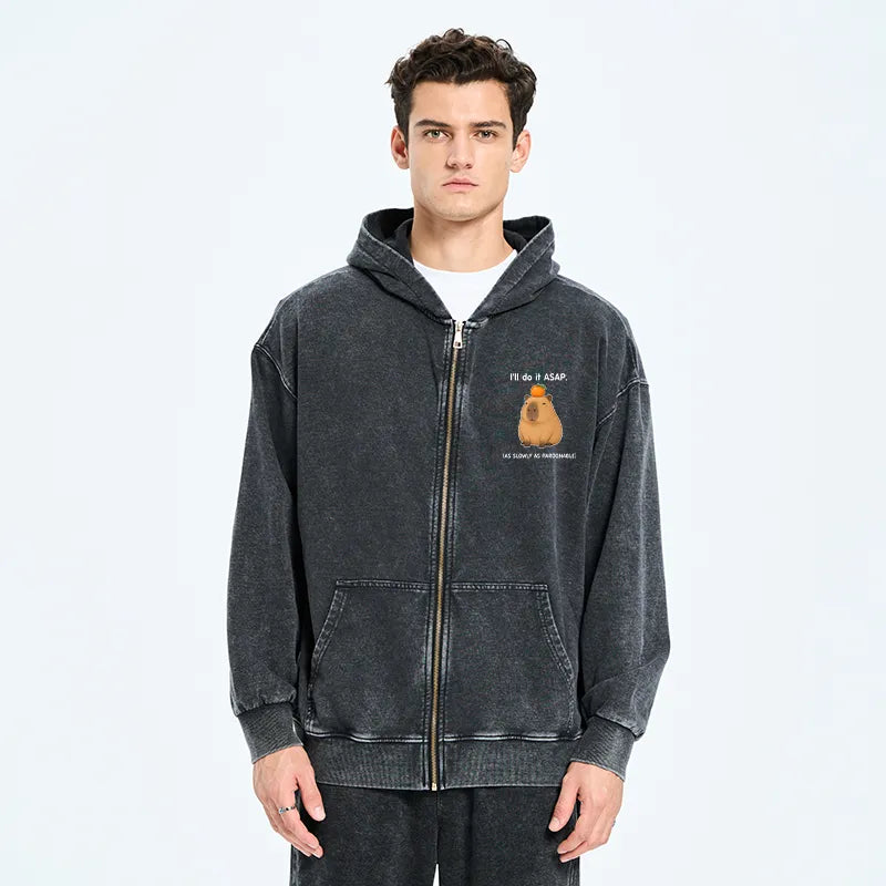 Kyoto-Lion Slow Task Capybara Meme Washed Zip Hoodie