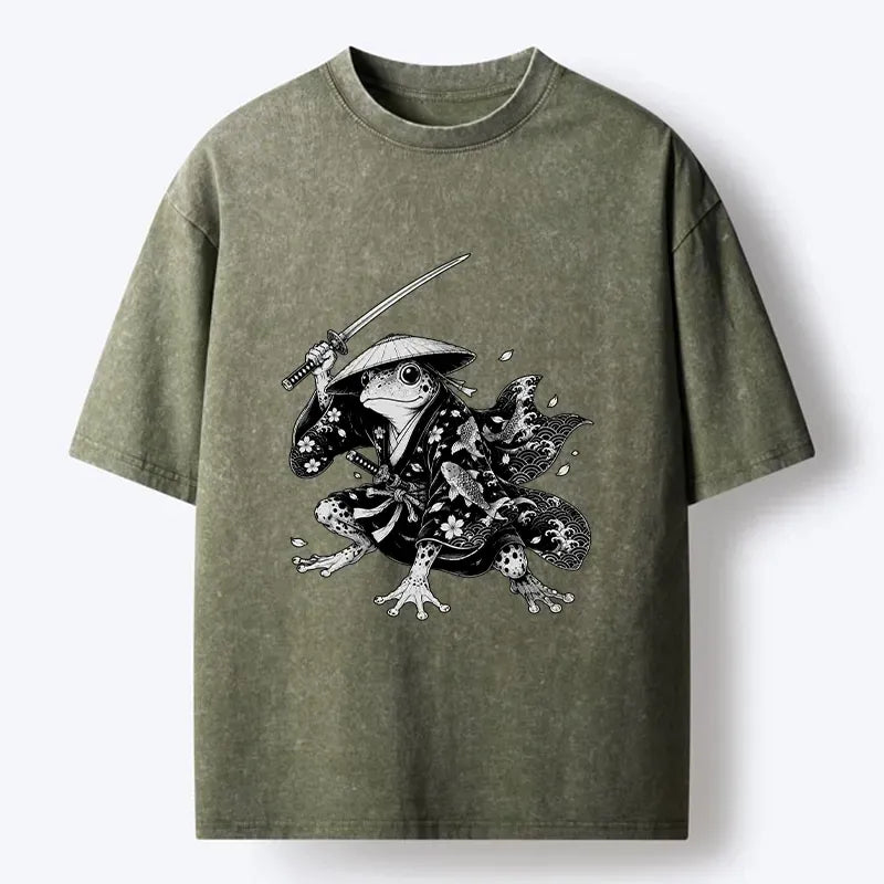 Kyoto-Lion Samurai Frog With A Sword Washed T-Shirt
