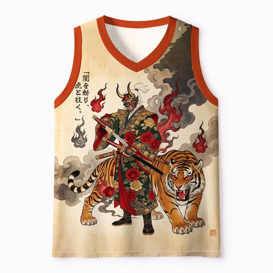 Kyoto-Lion Oni Samurai Tiger Warrior Jersey Japanese Ukiyo-e Art Mesh Tank Top