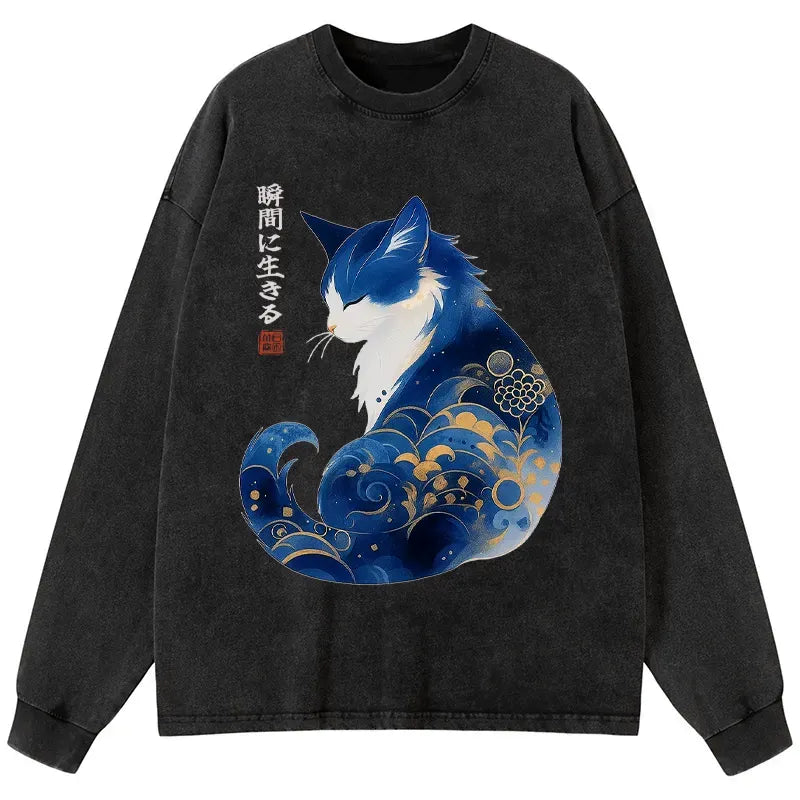Vintage Zen Cat Washed Long Sleeve T-Shirt