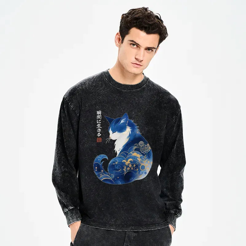 Vintage Zen Cat Washed Long Sleeve T-Shirt