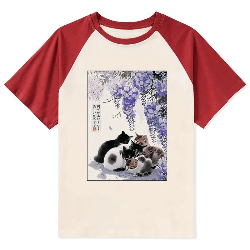 Kyoto-Lion Cats plotting under the wisteria Raglan T-shirt
