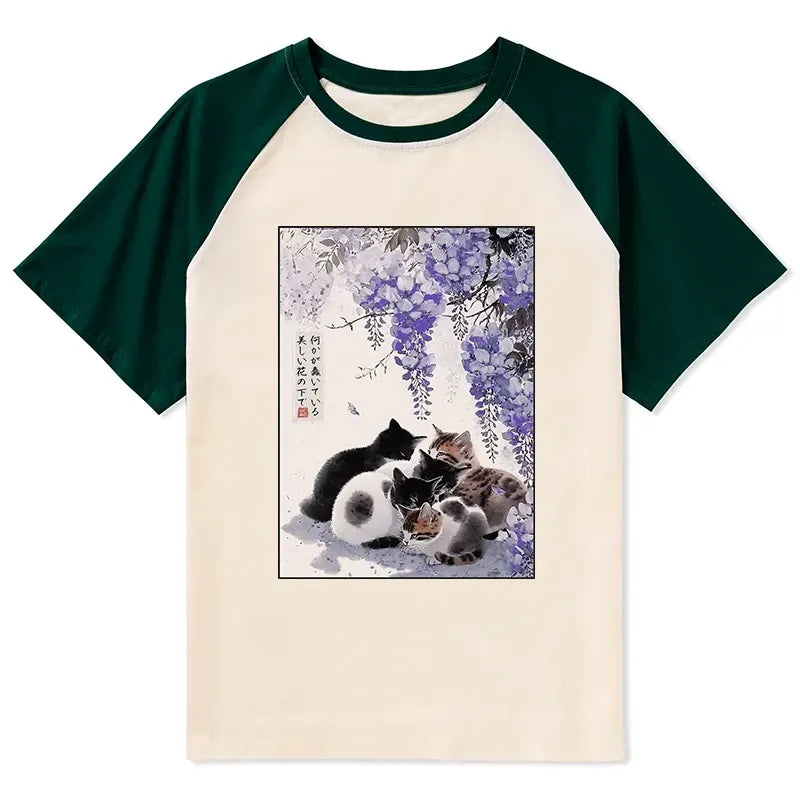 Kyoto-Lion Cats plotting under the wisteria Raglan T-shirt