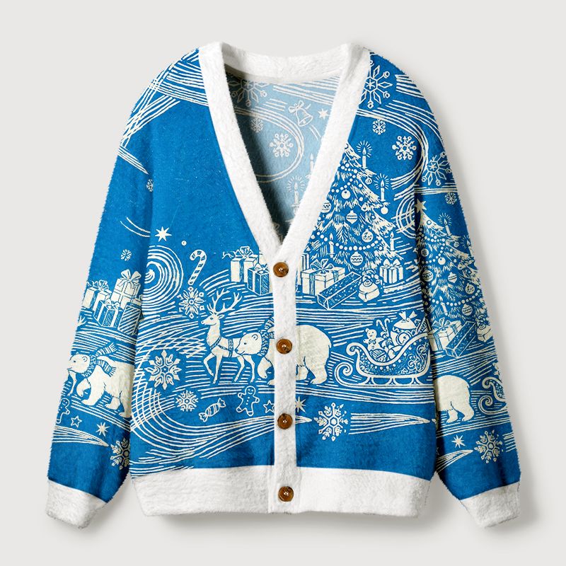 Kyoto-Lion Winter Woodblock Polar Bear & Reindeer Ugly Cardigan Sweater