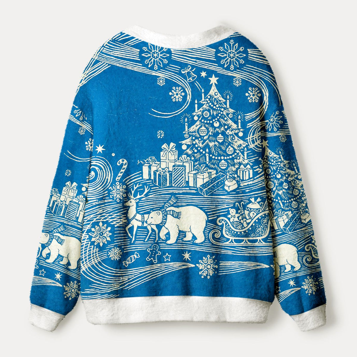 Kyoto-Lion Winter Woodblock Polar Bear & Reindeer Ugly Cardigan Sweater