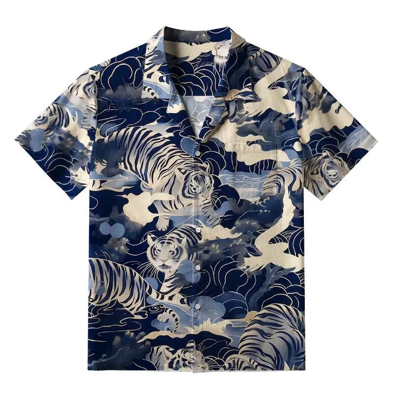 Ukiyo-e Tiger Print Button Up Shirt
