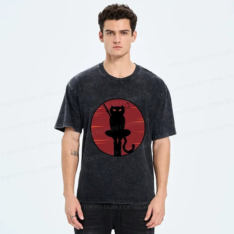 Japanese Ninja Black Cat Washed T-Shirt