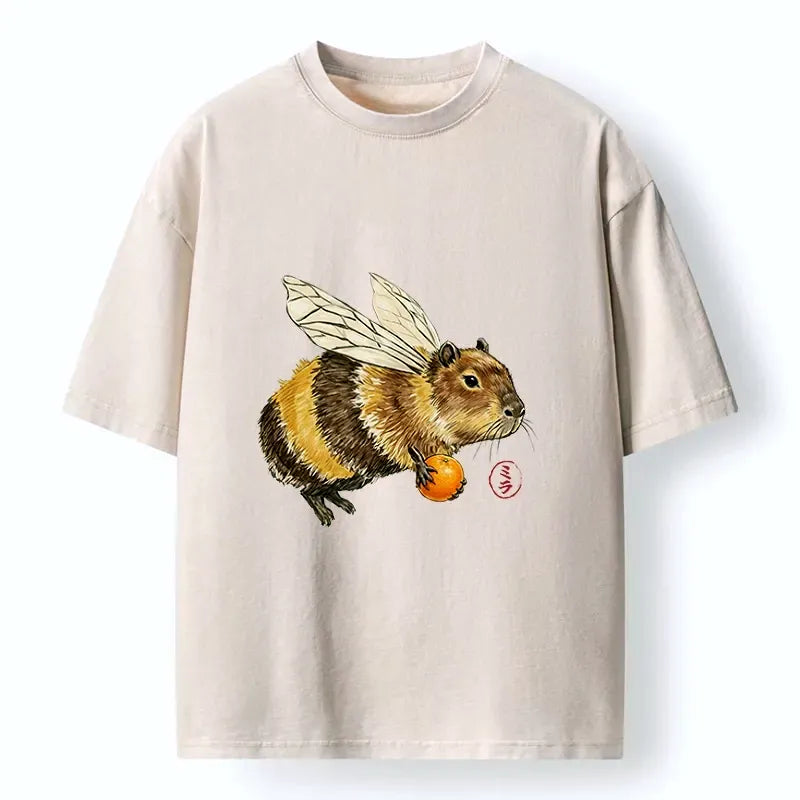 Kyoto-Lion Funny Capybara Bee Meme Art Washed T-Shirt