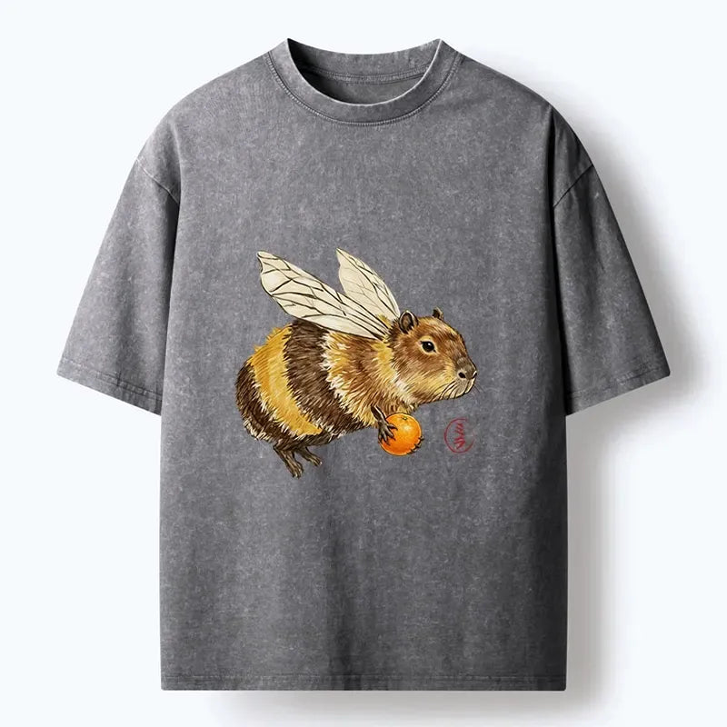 Kyoto-Lion Funny Capybara Bee Meme Art Washed T-Shirt