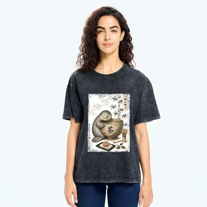 Kyoto-Lion Zen Tea Loving Seal Washed T-Shirt