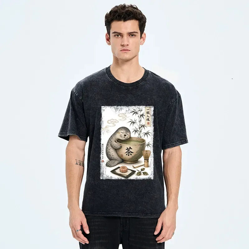 Kyoto-Lion Zen Tea Loving Seal Washed T-Shirt