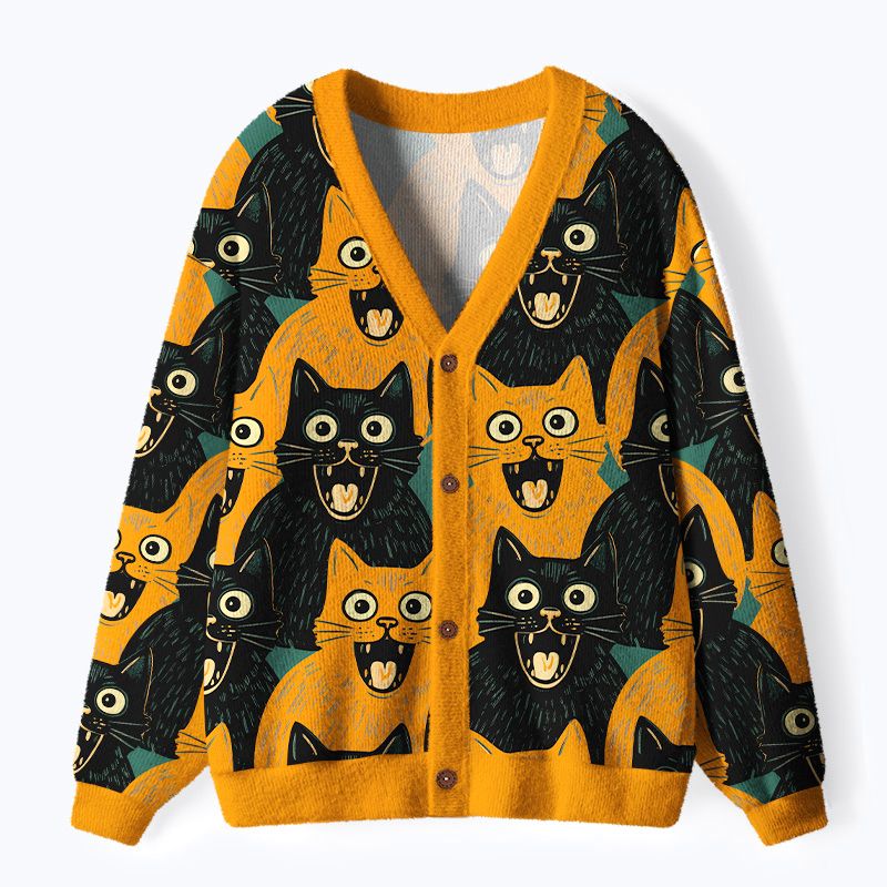 Kyoto-Lion Yellow Cat And Black Cat Ugly Cardigan Sweater