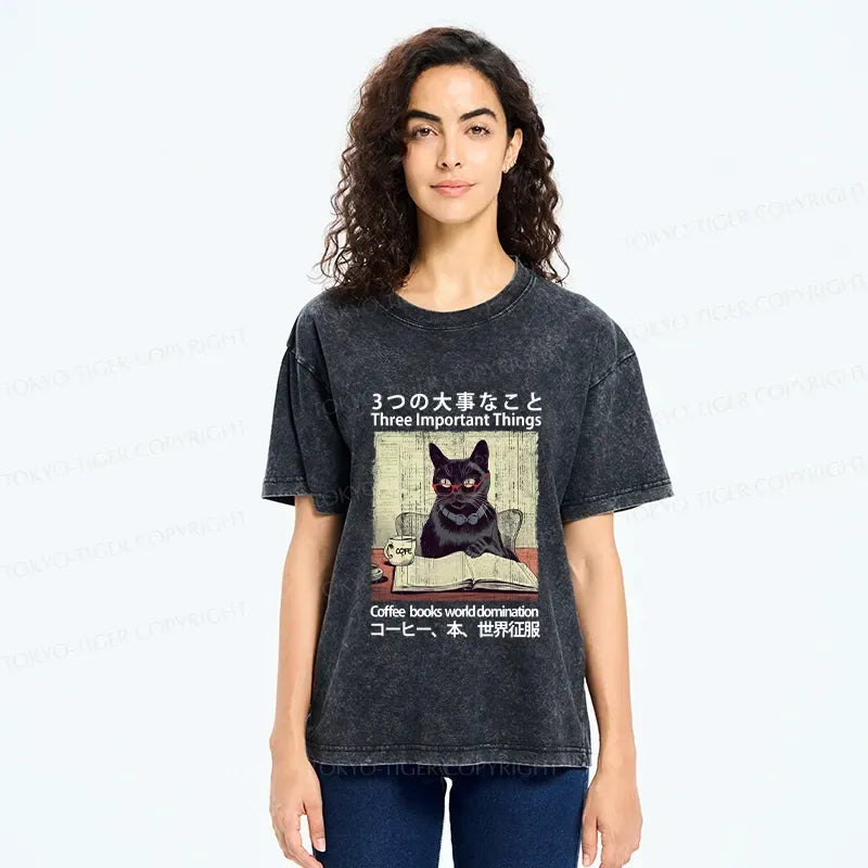 Japanese Cat Washed T-Shirt for Casual
