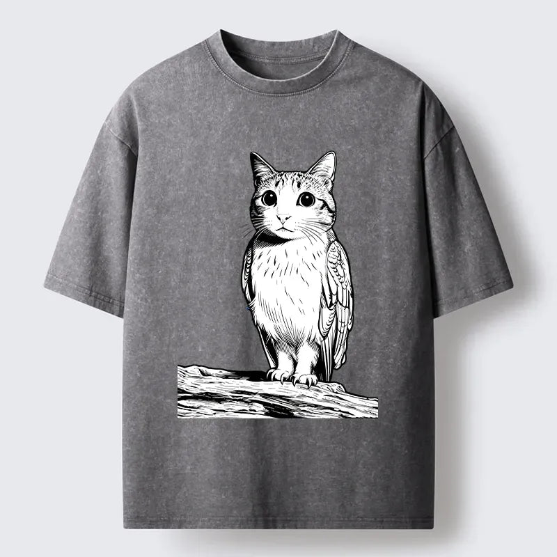 Kyoto-Lion Funny Cat Owl Fusion Art Washed T-Shirt