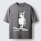 Kyoto-Lion Funny Cat Owl Fusion Art Washed T-Shirt
