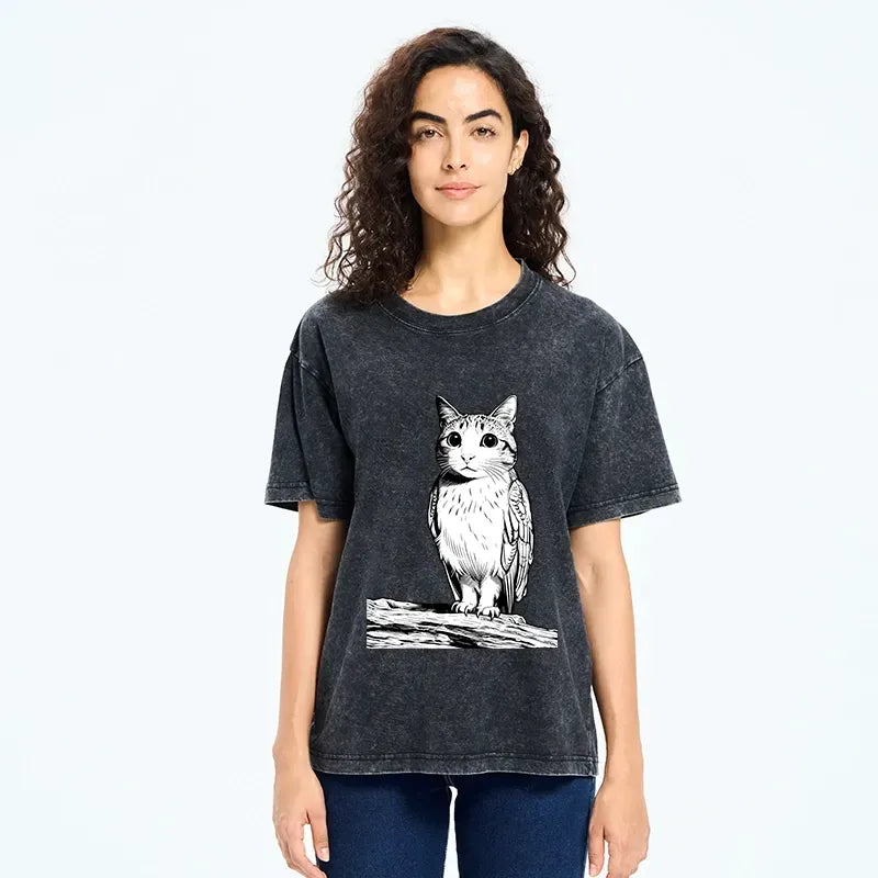 Kyoto-Lion Funny Cat Owl Fusion Art Washed T-Shirt