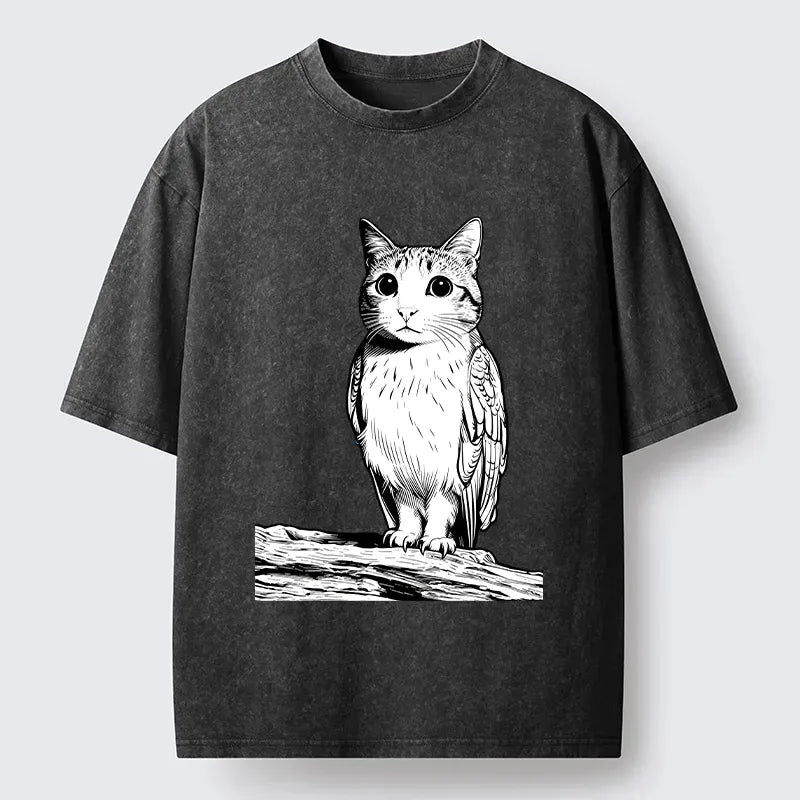 Kyoto-Lion Funny Cat Owl Fusion Art Washed T-Shirt