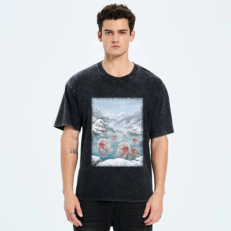 Kyoto-Lion Winter Snow Monkey Hot Spring Washed T-Shirt