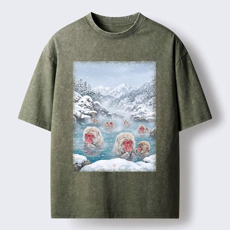 Kyoto-Lion Winter Snow Monkey Hot Spring Washed T-Shirt