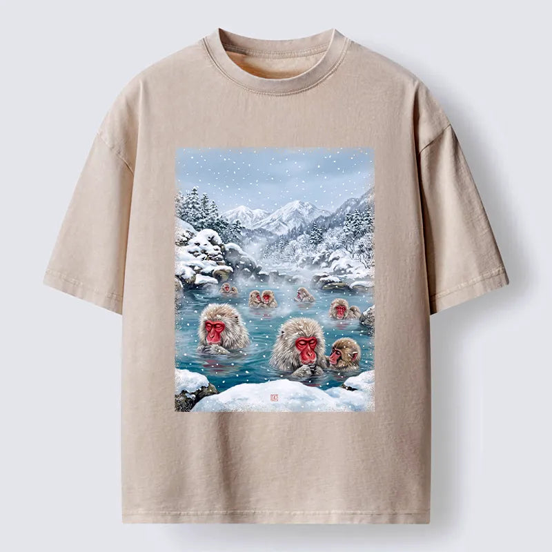 Kyoto-Lion Winter Snow Monkey Hot Spring Washed T-Shirt